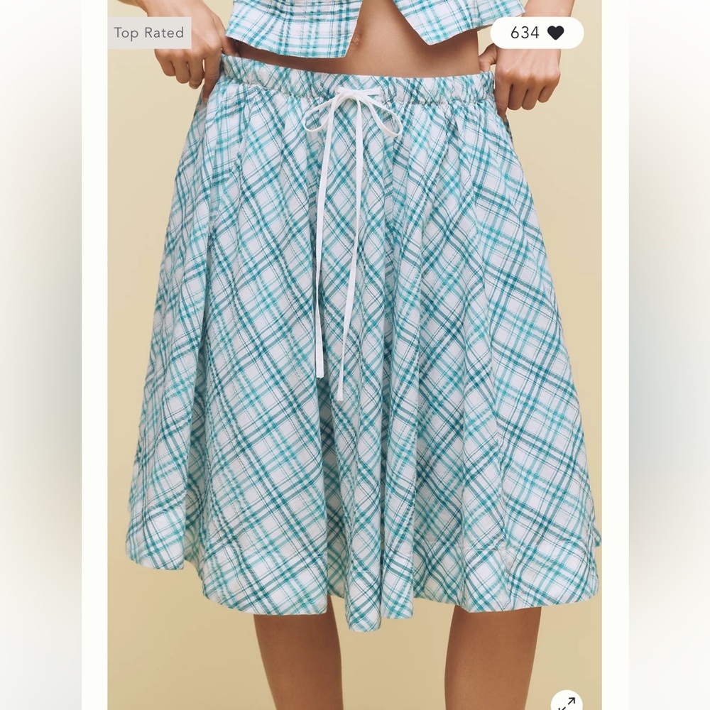 NWT Anthropologie Maeve Teal and White Plaid A Line Midi Skirt Size Medium